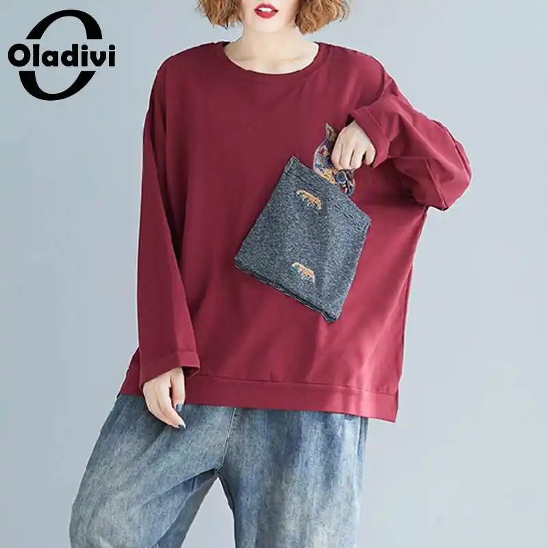 

Oladivi Oversized Embroidery Shirt Hoodies Women Casual Loose Pockets Sweatshirt Spring Autumn Long Sleeve Top Tunics Blusas 6XL