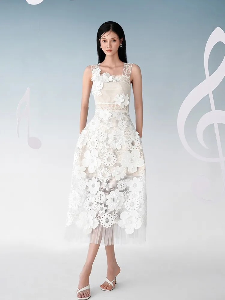 

Женское кружевное платье средней длины, Элегантное летнее Привлекательное платье на бретелях-спагетти с 3D цветочной вышивкой