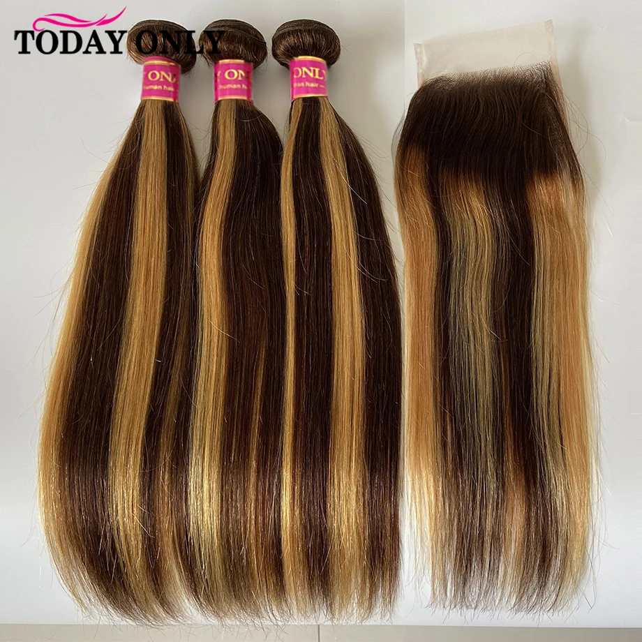 Highlight Bundles With Closure Straight P4/27 Brown Honey Blonde Human Hair Ombre Bundles With Closure Remy Hair Weave Bundles