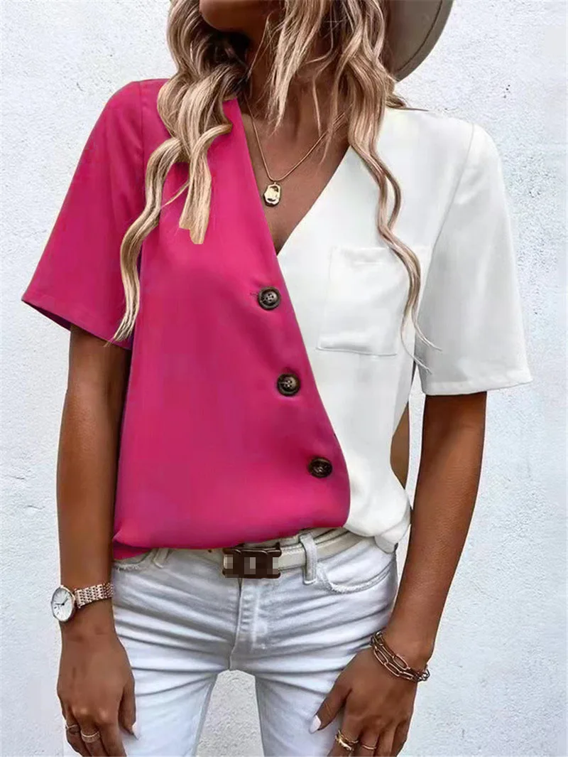 

Women's T-shirt 2023 Summer New V-neck Fashion Collision Color Short-sleeved Commuter Temperament Shirt Casual Blouse