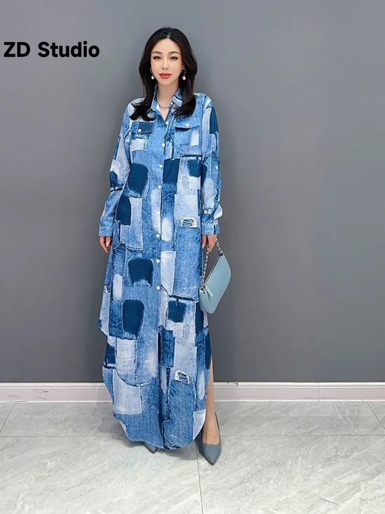 

[ZD Studio] 2023 Summer New Korean Dress Printed Denim Long Shirt Fashion Slim Casual Women