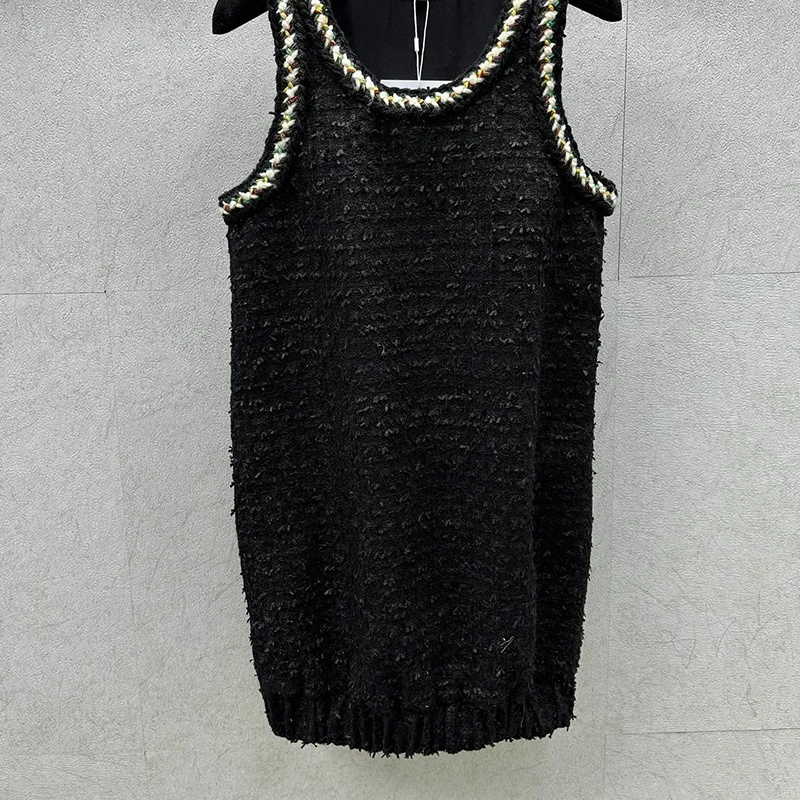 

23 Autumn Vintage Black Tweed Sleeveless Vest Dress Runway Women O-neck High Quality Silk Lining Cotton Blend Slim Mini Dresses