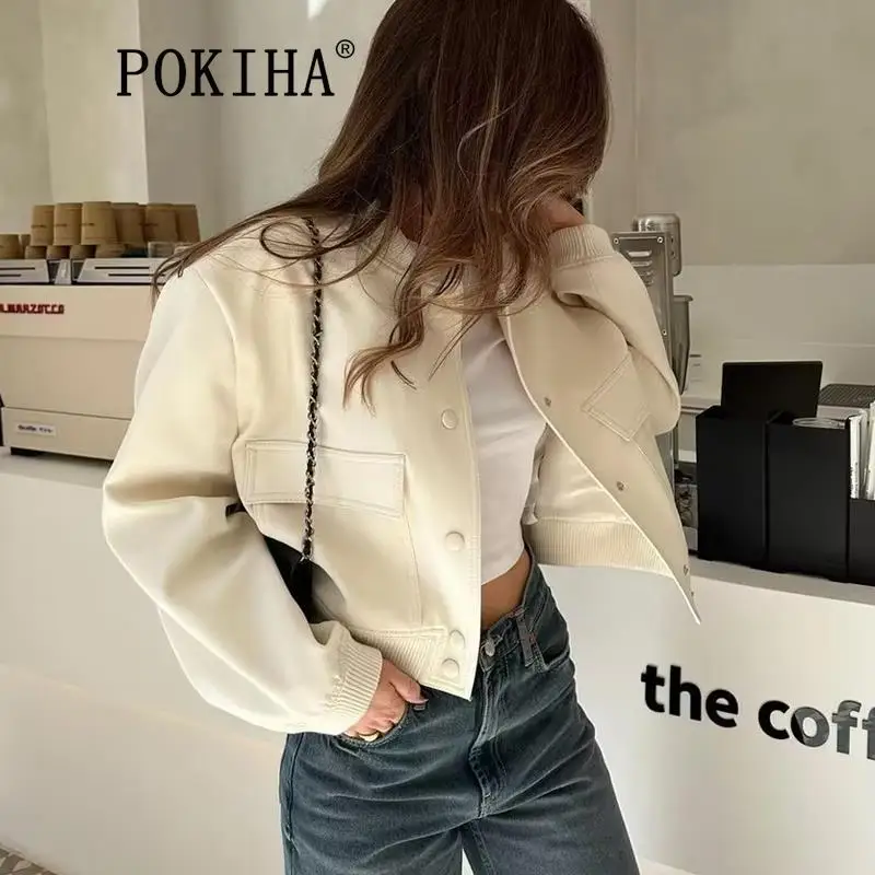 

Pokiha Fashion Woman Bomber Jacket For Women 2023 Spring Autumn Female Long Sleeve Coats Ladies Big Pockets Jacket New Outerwear