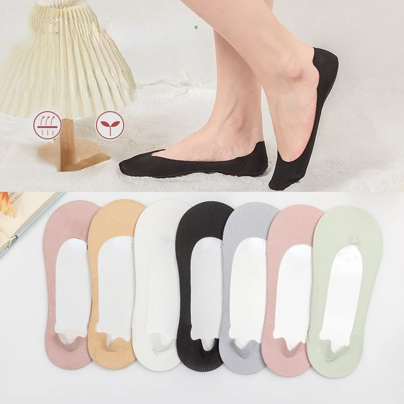 5 Pairs Invisible Ice Silk Women Boat Socks Summer Solid Color Shallow Mouth Seamless Comfortable Thin Non-Slip Silicone Socks