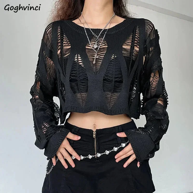 

Hlow Out overs Women Black Autumn Streetwear Personality Casual Loose Korean Style Fashion Sid Sexy Knitwear New Grunge