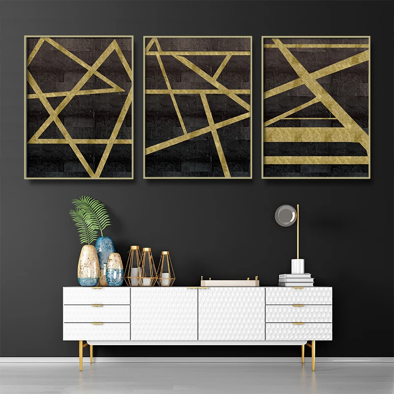 

Современная Абстрактная Картина на холсте с черными и золотыми линиями, настенный художественный постер для гостиной, домашний декор, Геом...