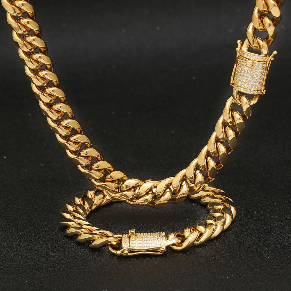 12mm Trendy Jewelry 316L Stainless Steel 18k Gold Plated Miami Cuban Curb Link Chain Men Women Necklace