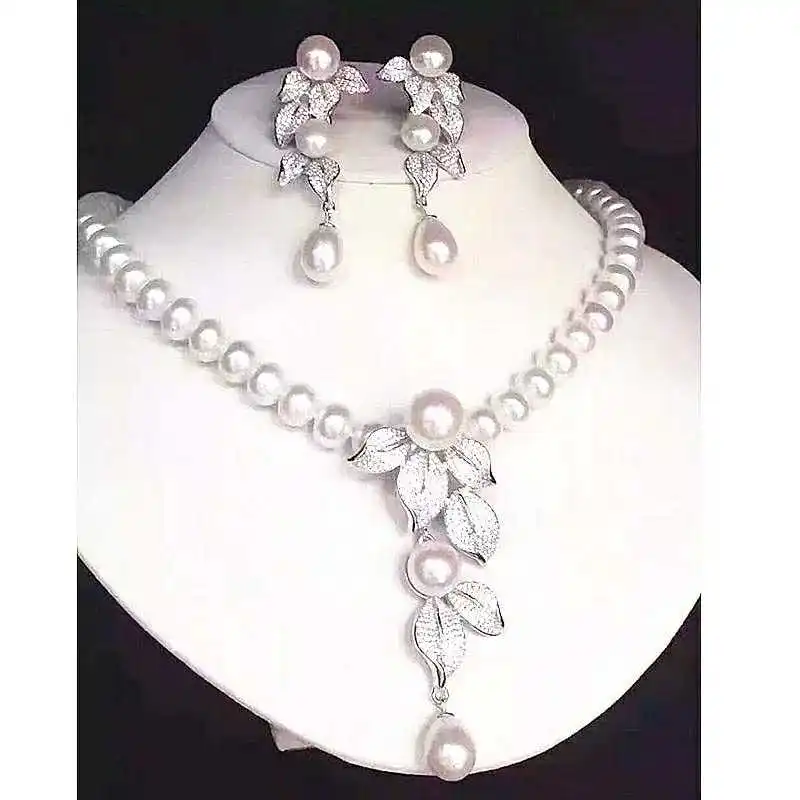 Jewelry 8-9mm natural sea white pearl  leaf flowers necklace earring micro inlay zircon crystal