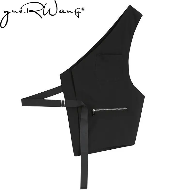 

YUERWANG Women Vest Fashion Black All Match Girls Waistcoat Lace Up Sleeveless Short Coat Irregular Female Jacket Tops 2022 New