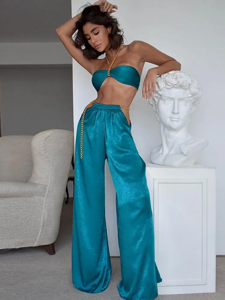 

Женский комплект из 2 предметов, короткий топ на бретельках и расклешенные брюки