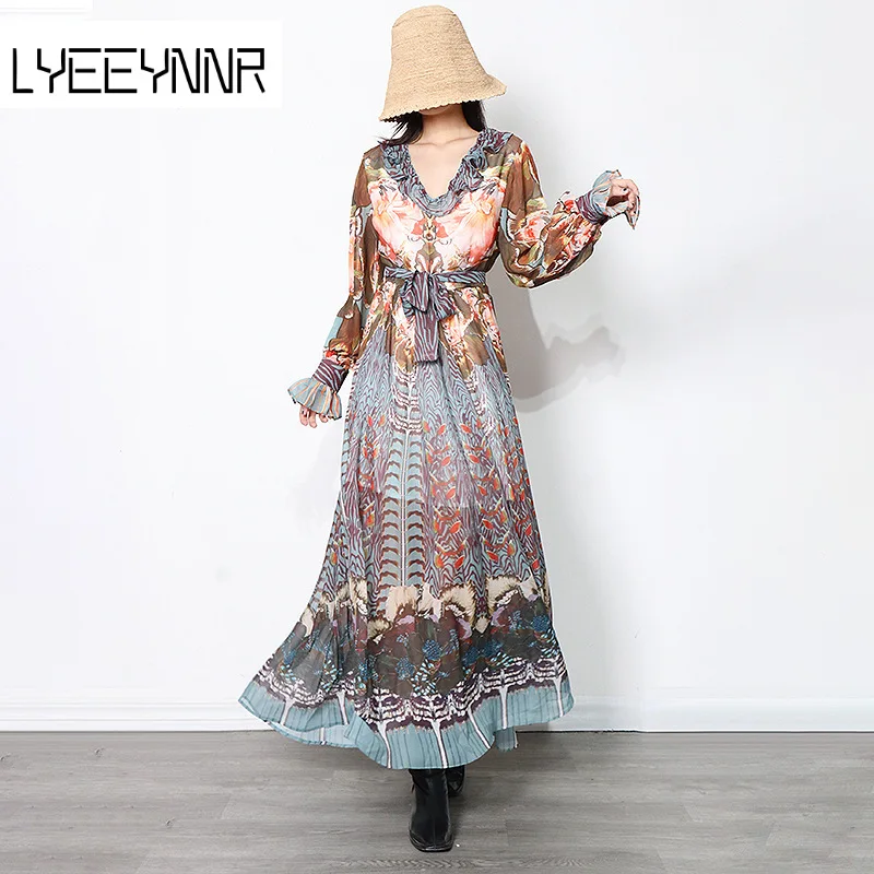 

Slim Waist Lace Up Vintage Dress Women V-neck Long Flare Sleeve Mid-calf Bohemian Dresses Fashion Printed Big Swing Robe Femme