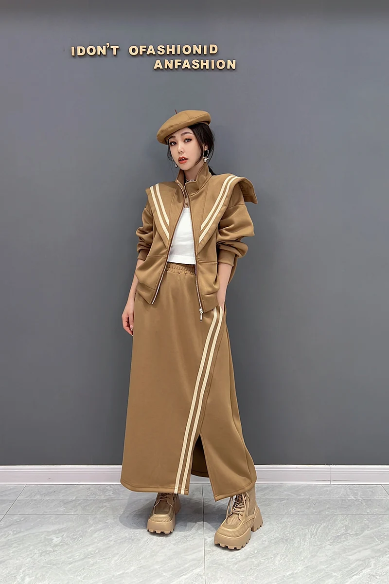 

SuperAen Europe 2022 Autumn New Korean Fashion Navy Jacket Coat Skirt Women Two-piece Set