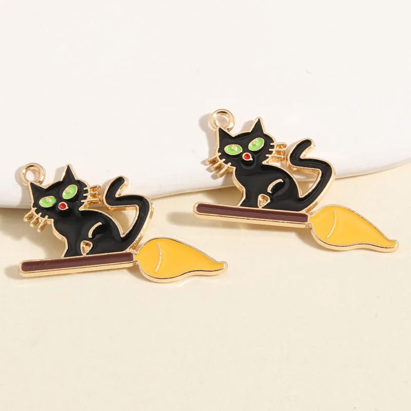10pcs Gold Color 34x20mm Cartoon Cat Witch Broom Charms Halloween Pendant Fit Necklaces Handmade Jewelry Making Finding Supplies
