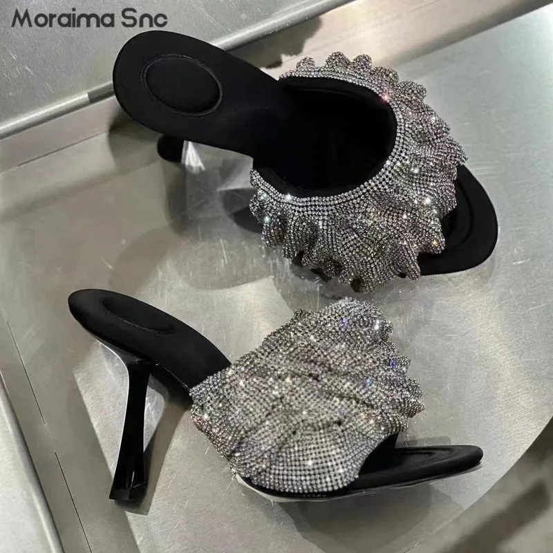 Ladies Full Diamond Rhineau Fashion Slippers 2023 New Stiletto Sexy Sandals Summer Outside Wear One Line Band Open-Toe Slippers