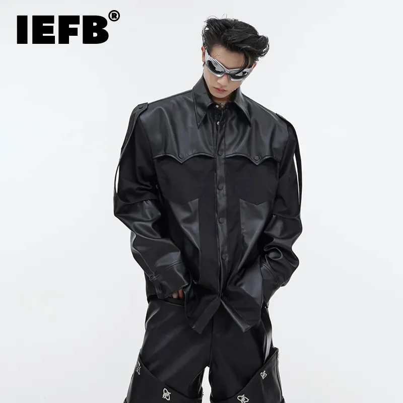 

IEFB Trend Men's Shirts Niche Design PU Leather Stitching Shoulder Pad Top Ribbon Cut Out Long Sleeve Cardigan Autumn New 9C2635