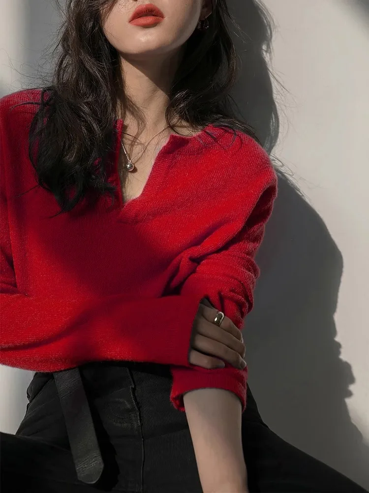 Plus Size French sle V-neck Knit Women 2024 Autumn and Winter Loose Idle Sle Pullover Long sleeve Top Unique Beautiful Sweater