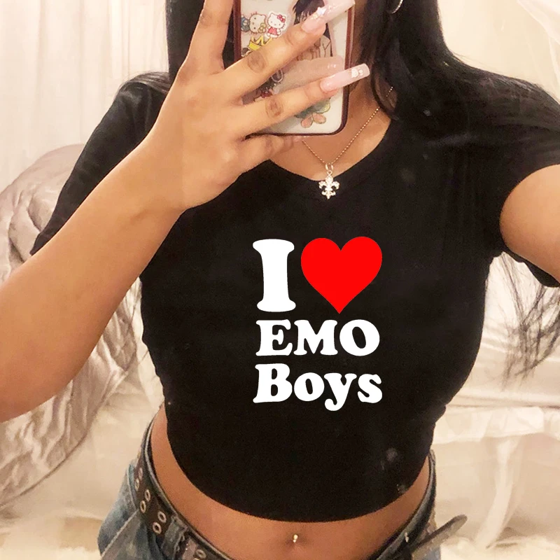 

I Love Emo Boys Famous Band Music Hip Hop Women Cropped Tops Y2k Summer Fashion Sexy Party Clothes Goth T Shirts Dropshipping
