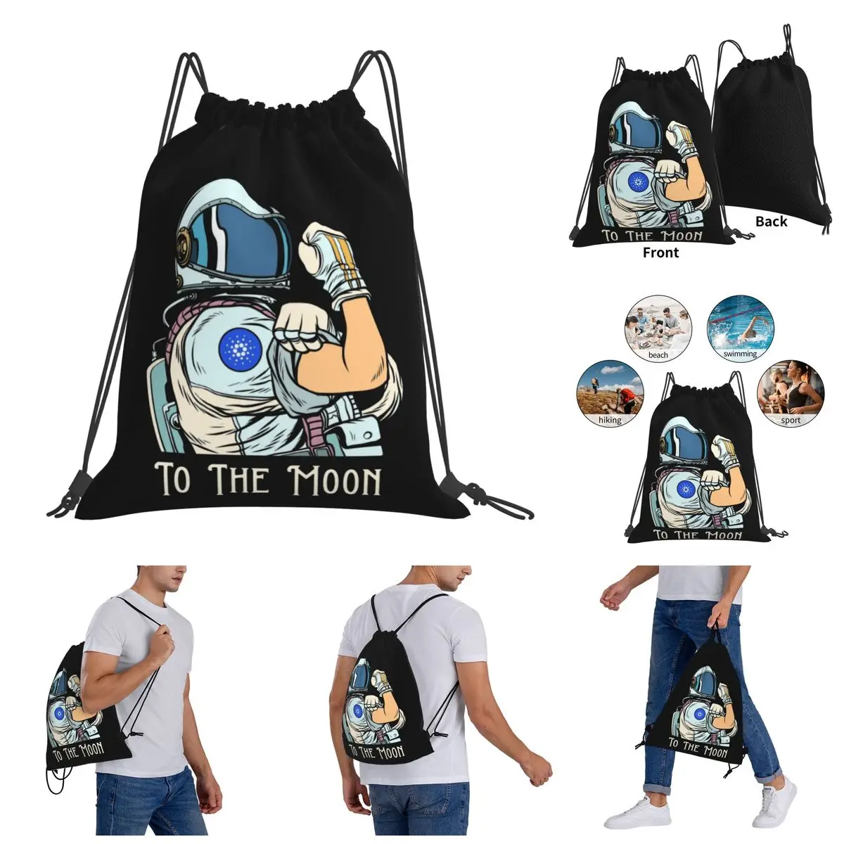 

Backpack Novelty Drawstring Bags Gym Bag Cardano We Can Do It AstronautTo The Moon ADA Space Man Vintage Blanket roll