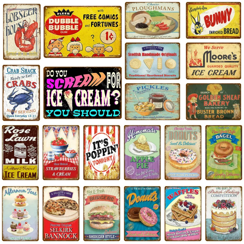 

Delicious Food Decor Ice Cream Milk Strawberries Pickles Waffles Ploughmans Metal Tin Signs Vintage Poster Wall Art Plaque YJ007