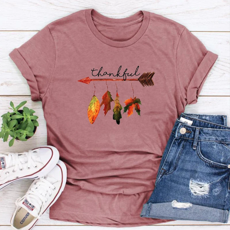 

Thankful Arrow Leaves Shirt Thanksgiving Vintage Clothes Woman Thankful Grateful Blessed Tshirt Fall Tees Cotton 100%