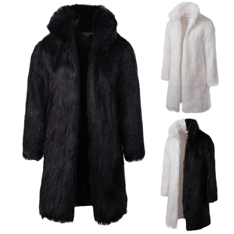

LUCLESAM Men's Faux Fur Medium Length Overcoat Winter Fashion Outwear Hip Hop Coat Stage Black White Windbreaker