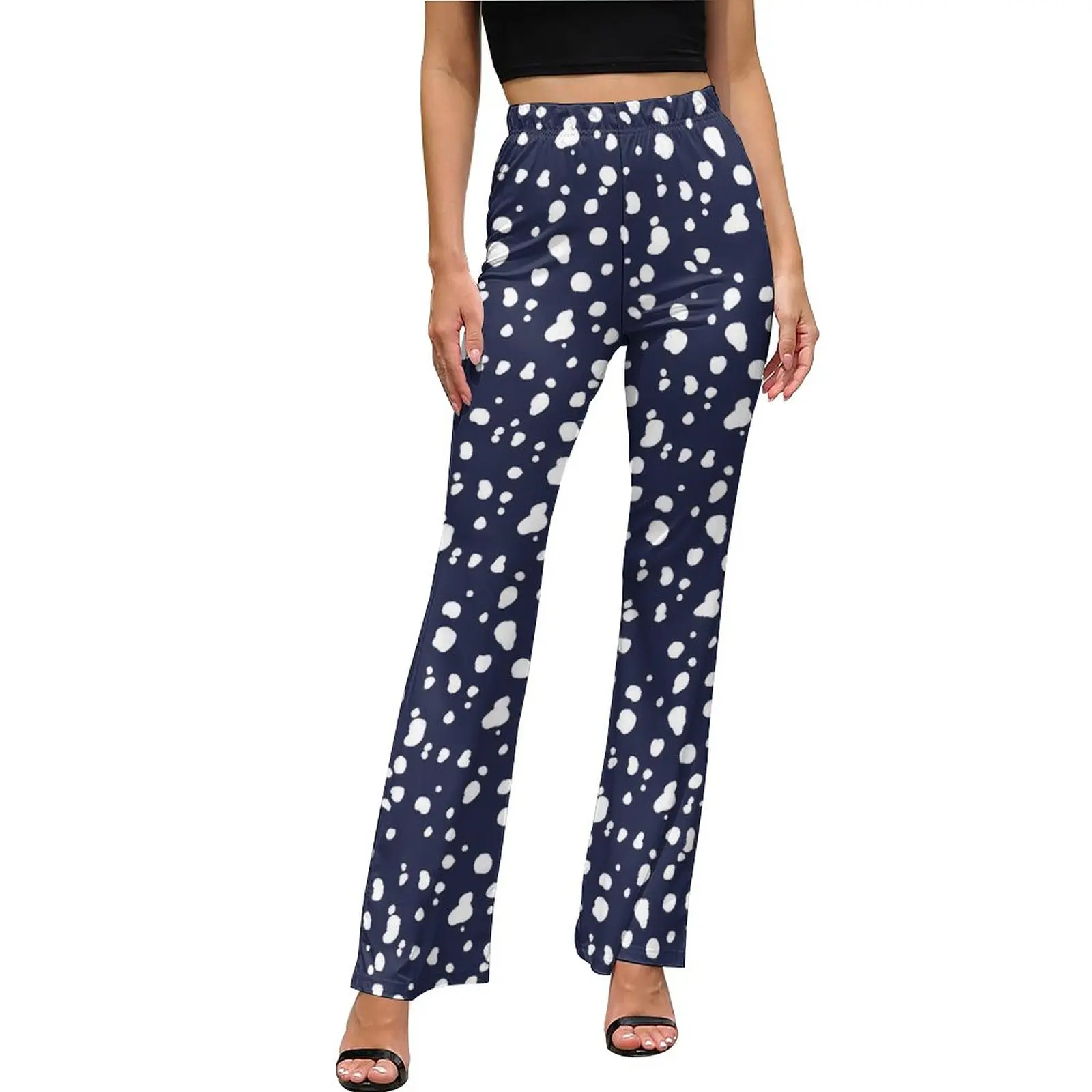 

Dalmatian Print Casual Pants Autumn Navy Blue and White Office Design Flare Trousers High Waist Slim Stretch Fashion Pants