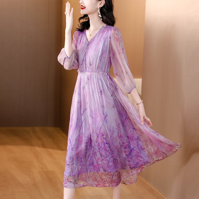 Женское длинное платье в стиле бохо шелковое для отпуска с длинным рукавом