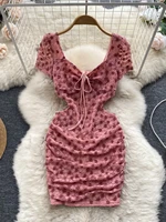 foamlina women summer flower embroidery dress 2022 new lace up v neck short sleeve cut out waist slim bodycon mini party dress