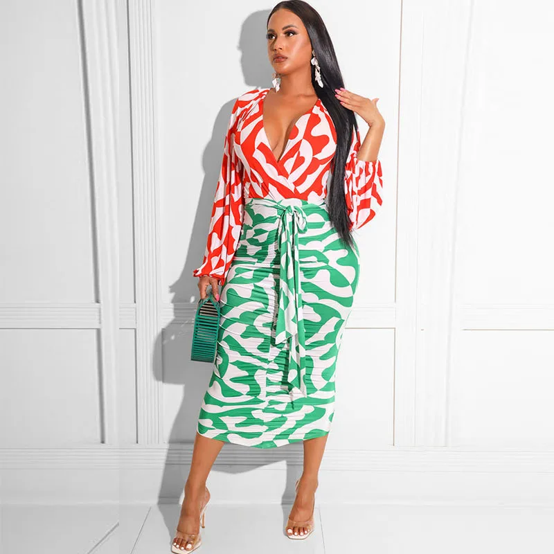 

Women's Print Long Sleeve Tops and Hip Package Long Skirts Sexy 2 Pieces Set 2022 Lady Summer Suit