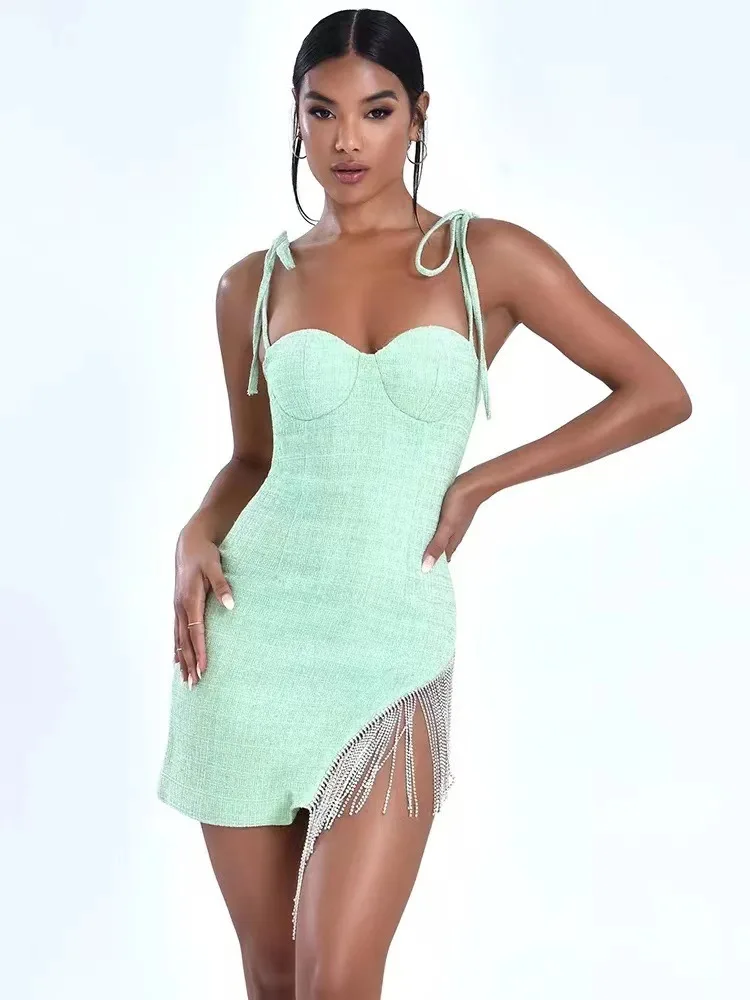 

Осеннее Сексуальное Женское цветное платье без рукавов на шнуровке, тонкое облегающее мини-платье-бандаж, дизайнерское платье со стразами в виде ленты для ночного клуба