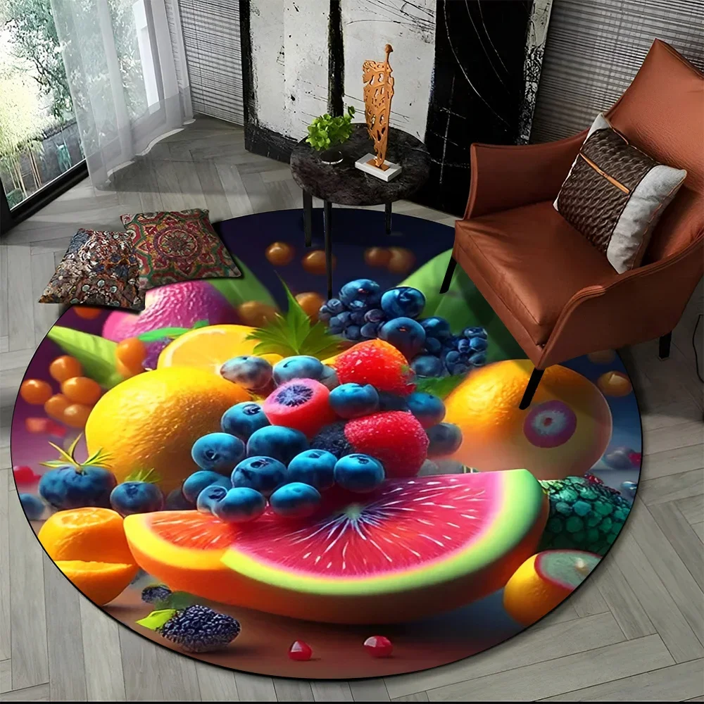 3D Cute Tropical Fruits Cartoon HD Round Carpet Rug for Living Room Bedroom Child Playroom Decor Pet Area Non-slip Floor Mat
