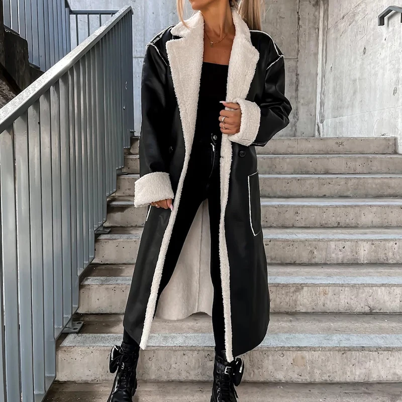 Autumn Winter Warm Thick Fleece Coat Women Fashion Solid Leather Overcoats Ladies Elegant Turn-down Collar Lace-up Long Cardigan