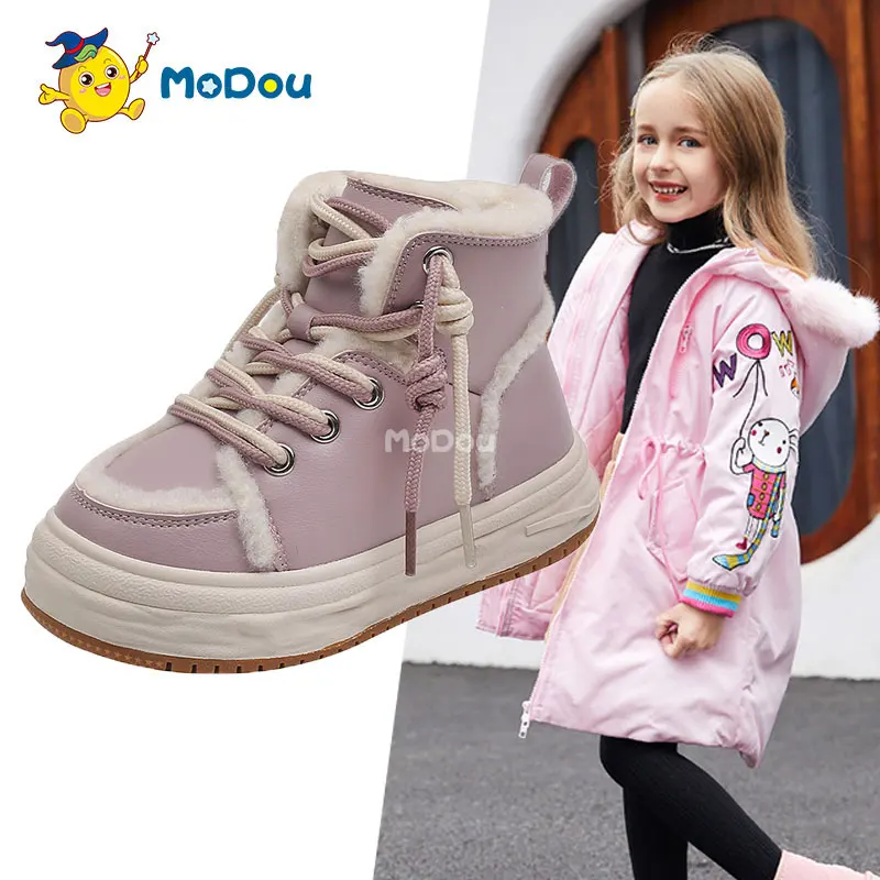 

Детские ботинки на толстой подошве Mo Dou, зимние теплые ботинки из хлопка, повседневные водонепроницаемые ботинки для мальчиков и девочек, уд...