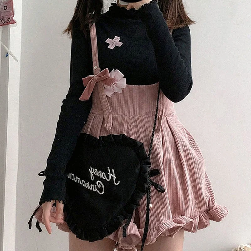 Spring Korean Kawaii Solid Corduroy Jumpsuit Ladies Lolita Ruffle Loose Version of Ulzzang Harajuku Casual Soft Women's Jumpsuit