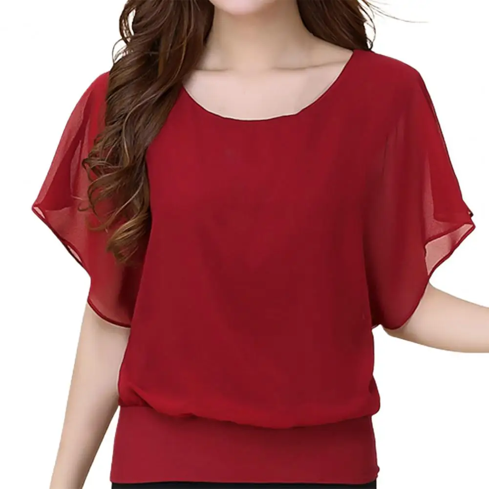 

Fashion T-shirt Women Top Solid Color Polyester O Neck Pullover Batwing Sleeve Ruffle Summer Top Women T-shirt Daily Garment