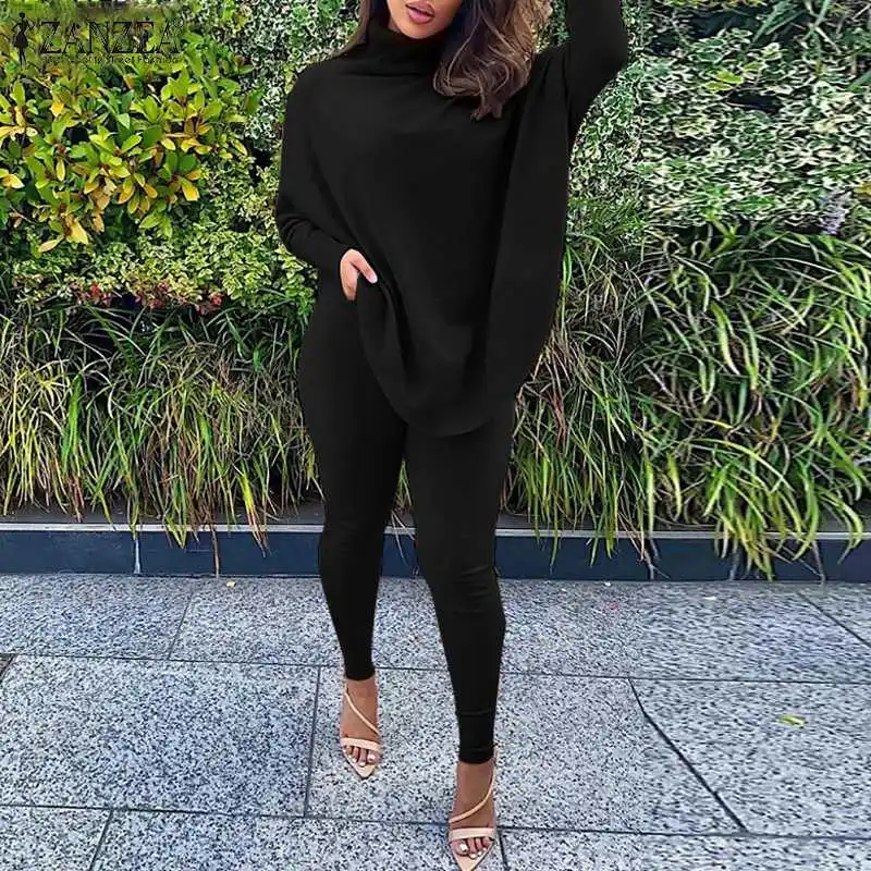 

ZANZEA Solid Long Pants Suit Women Fashion Tops And Skinny Pants Lady Casual Turtleneck Blouse Suits Spring Autumn 2 Piece Sets