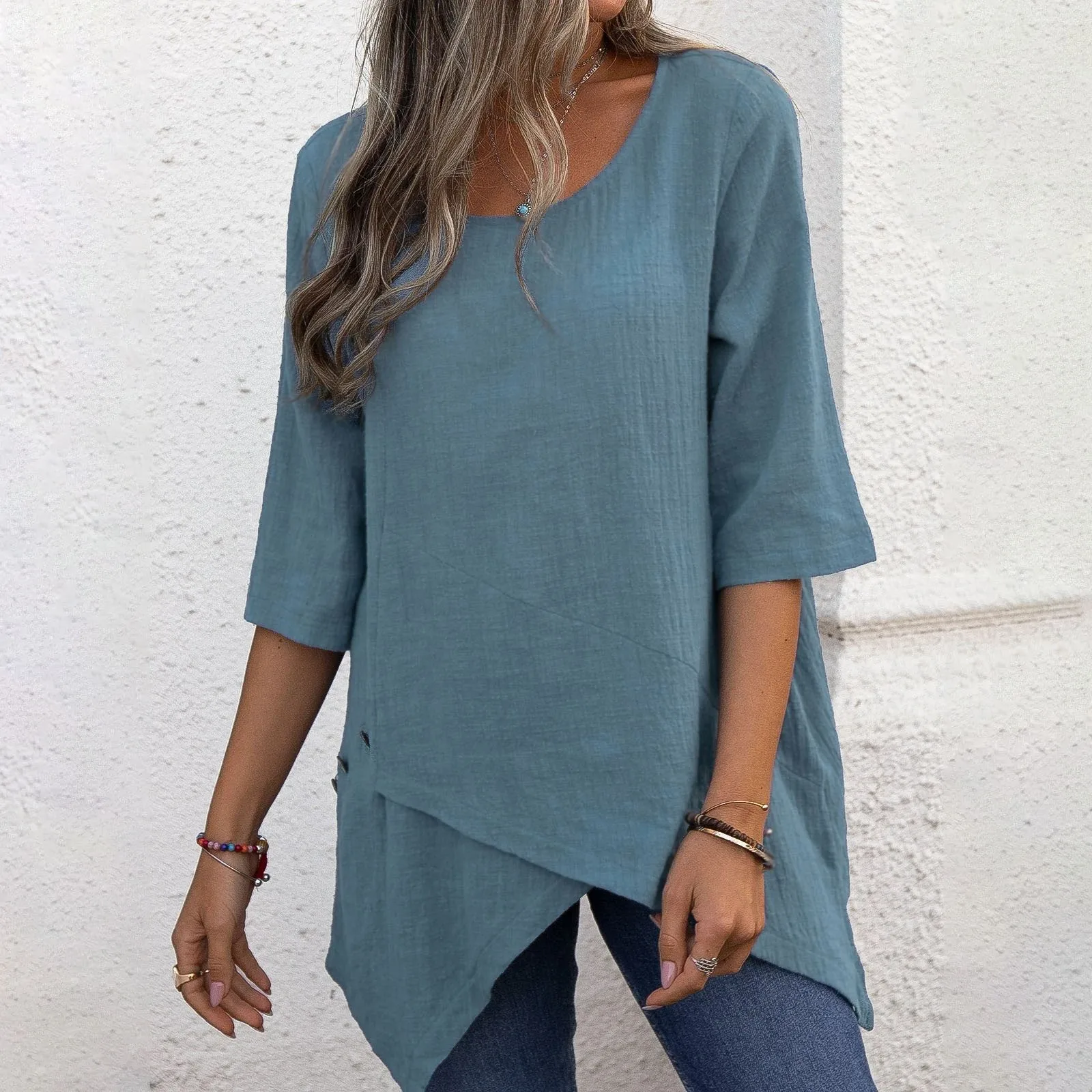 

Dressy Shirts for Women Women Fashion Half Long Sleeve Casual Round Neck Irregular Solid Color Shirt Top Pack