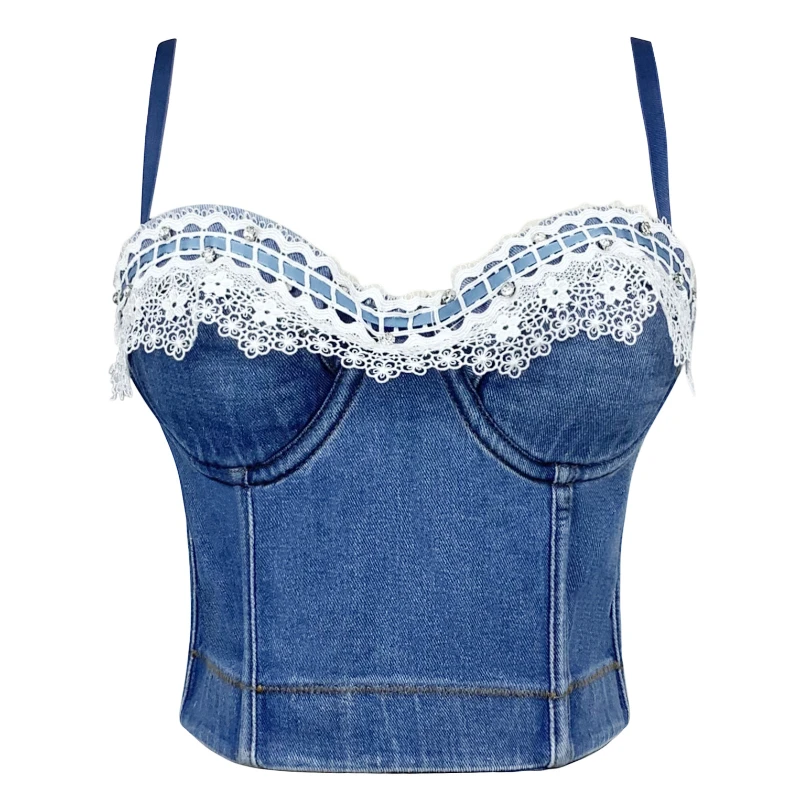 

Hot Selling Backless Fashion Disco Wear Women New Fashion Sexy Sleeveless Fishbone Denim Short Bustier Corset Crop Tops F451