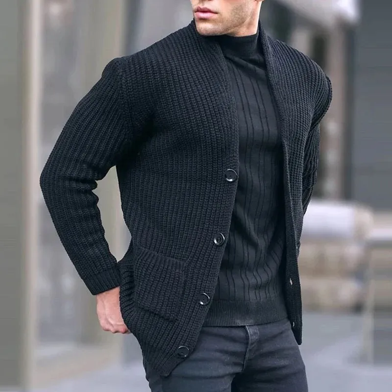 

Autumn And Winter Men's Fashion Casual Long Sleeve Standing Neck Pocket Solid Cardigan Big Man Sweater