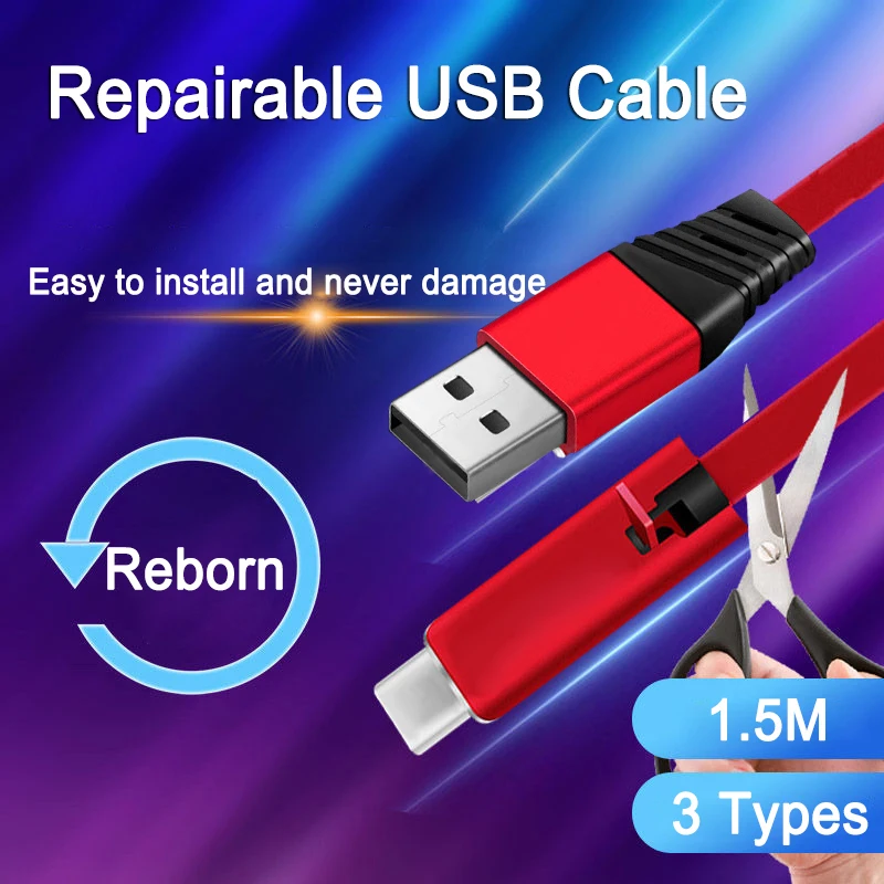 

Repairable USB Data Charging Cord Cable Renewable Data Sync & Fast Charger Puncture Cord Repair Recycling Charging Adapter Cord