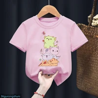 newly girls t shirts cute kitty dragon eating a strawberry cake cartoon print young children tshirts fashion kids pink clothes