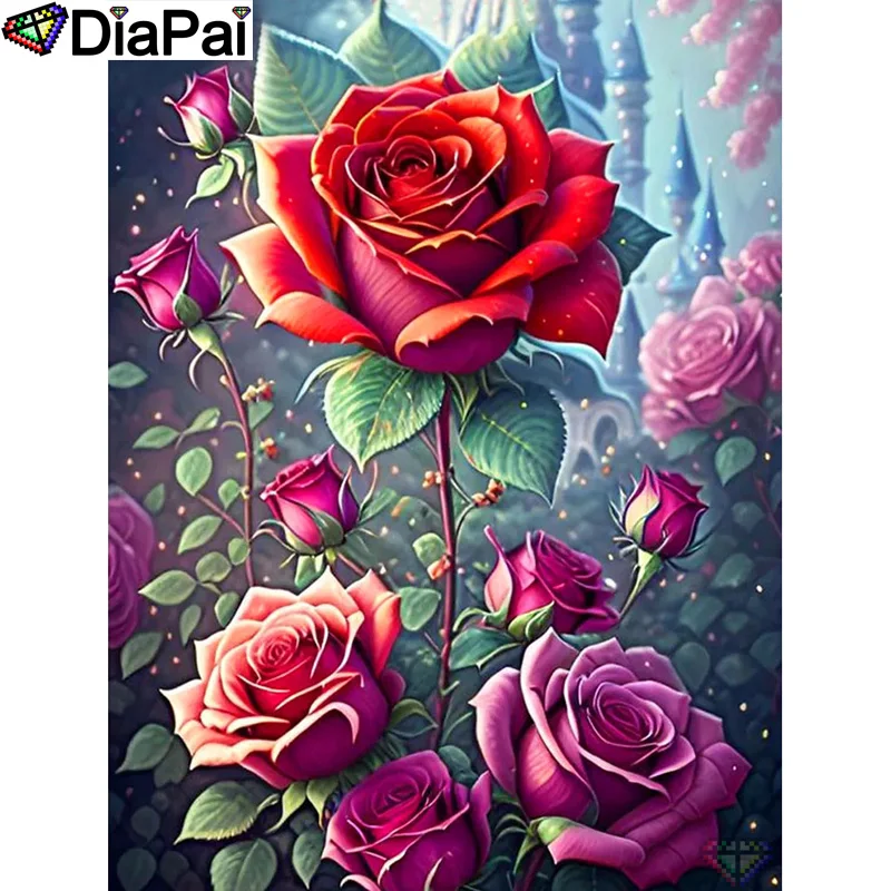 

DIAPAI Paint With Diamond Embroidery "Flowers Roses" Diamond Painting Full Square Round Picture Of Rhinestone Decor