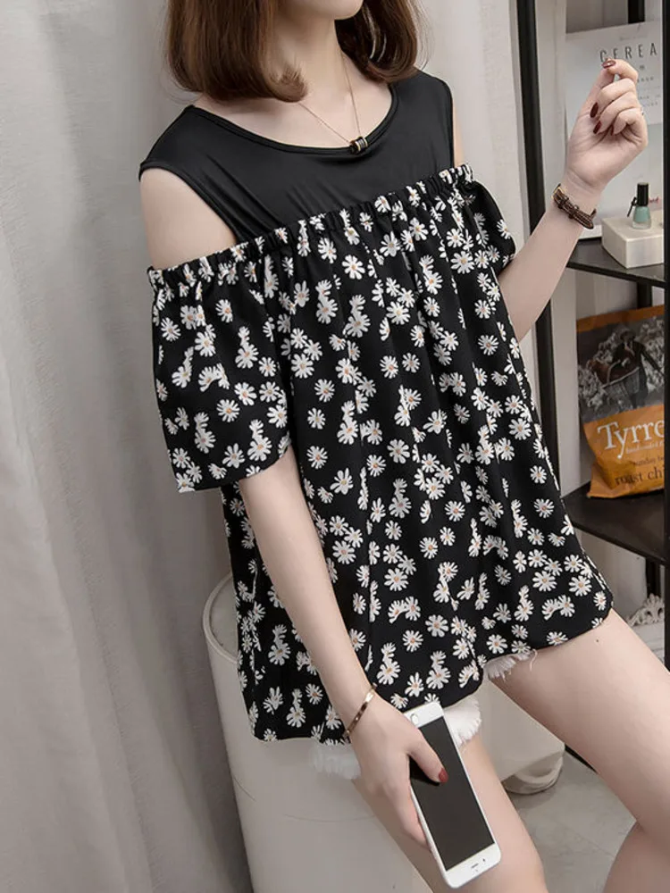 

Oversize Off The Shoulder Blouses Female Summer Patchwork Flowers Fake Two Pieces Tops Korean Style Straight Loose Black Shirts