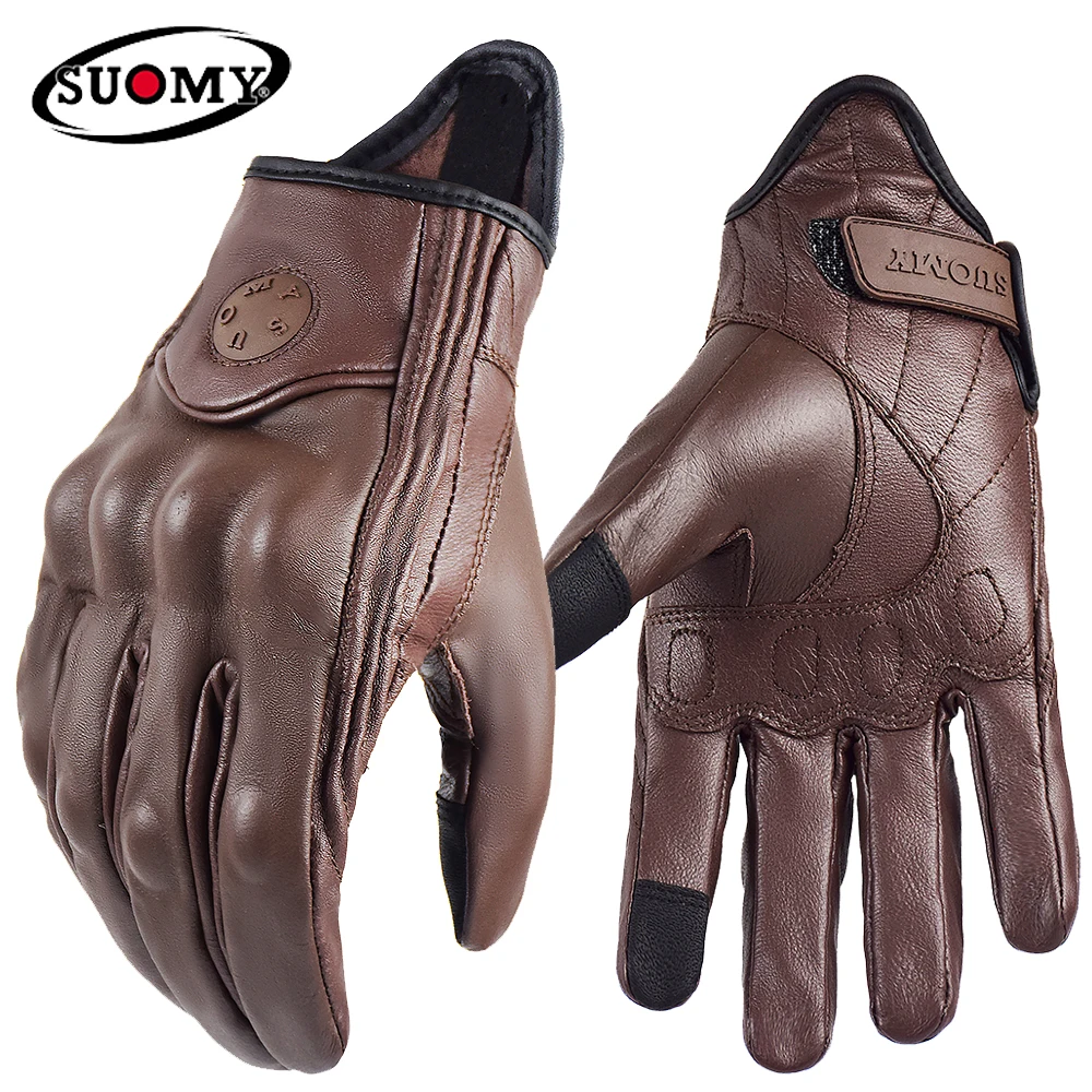 

Suomy Motorcycle Gloves Vintage Leather Full Finger Motorbike Equipment Women Men Brown ATV Rider Sports Protect Glove Guantes