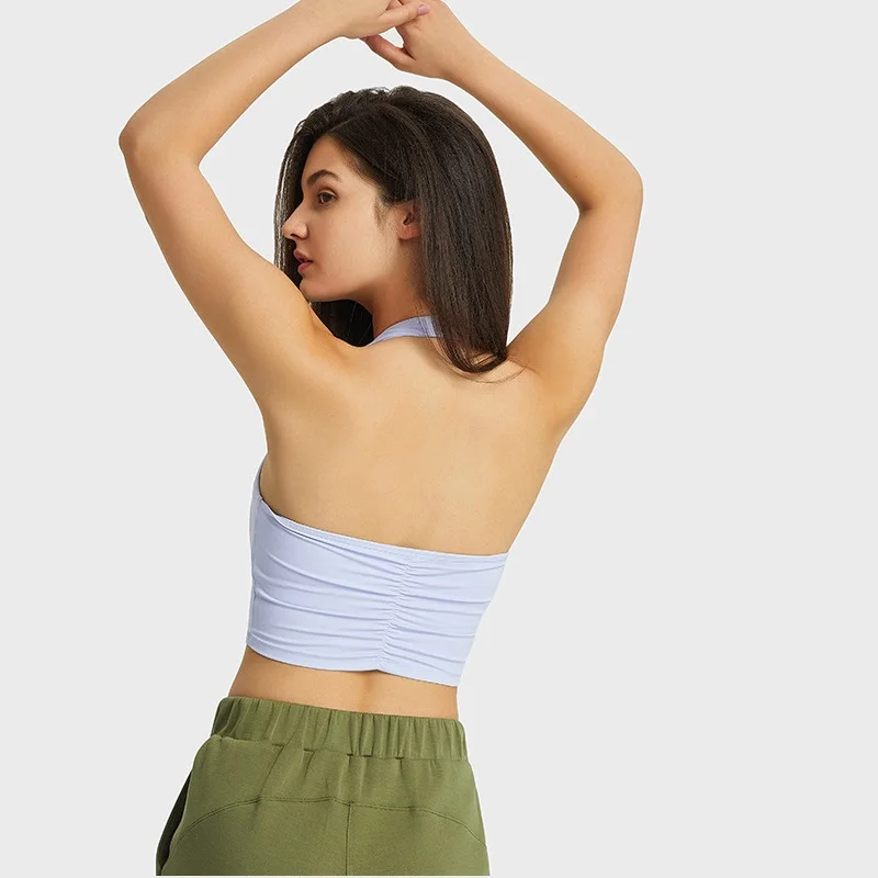 

Solid Color Women Fitness Bra Tight Soft Yoga Underwear Sport Tank Top Hanging Neck Tube Style Beautyl Back Fold Removable Chest