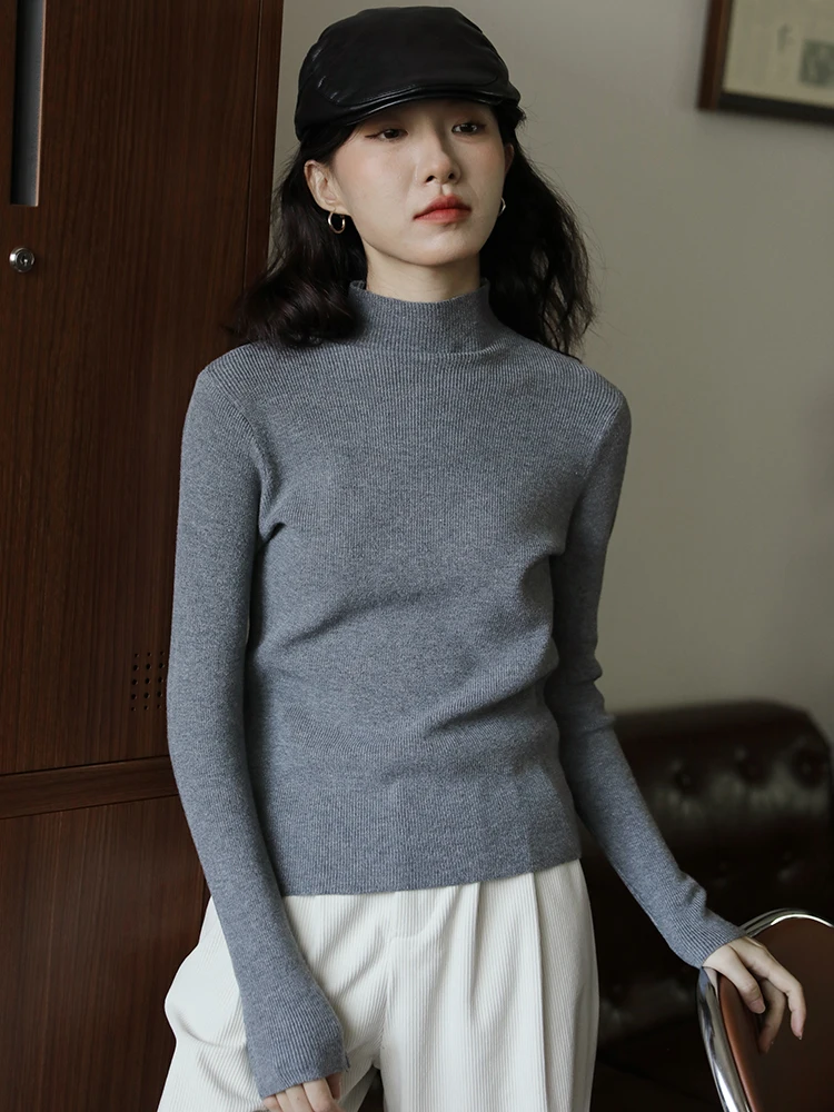 Multi-Color Stretch Slim fit Slimming Sweater Knit Inner wear Pullover Long sleeve Half-high Collar Design Sense Autumn and W...