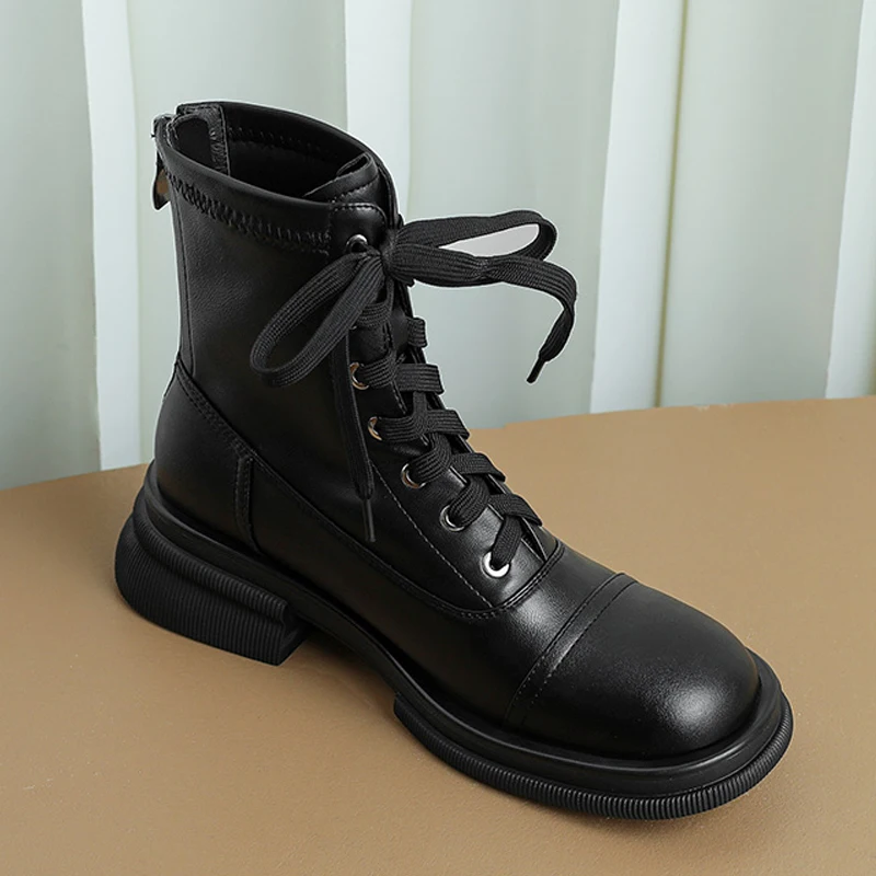 Women Autumn Winter Ankle Boots British Style Mixed Colors Leather Motorcycle Boots Woman Fashion Platform Lace Up Shoes New