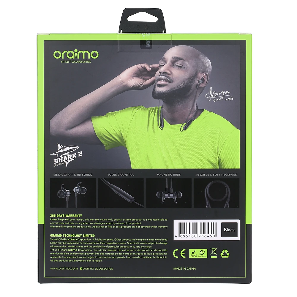 Оригинальные беспроводные наушники Oraimo Shark 2 Sport BT5.0 In-ear с микрофоном для спорта и игр, с магнитными наушниками и шумоподавлением.