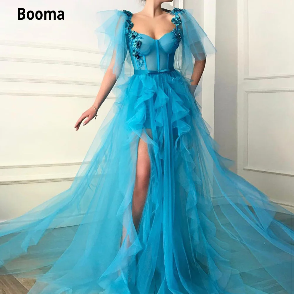 

Booma Blue Tulle Long Prom Dresses Sweetheart Ruffle Sleeves A-Line Evening Party Dresses Appliques High Slit Formal Prom Gowns