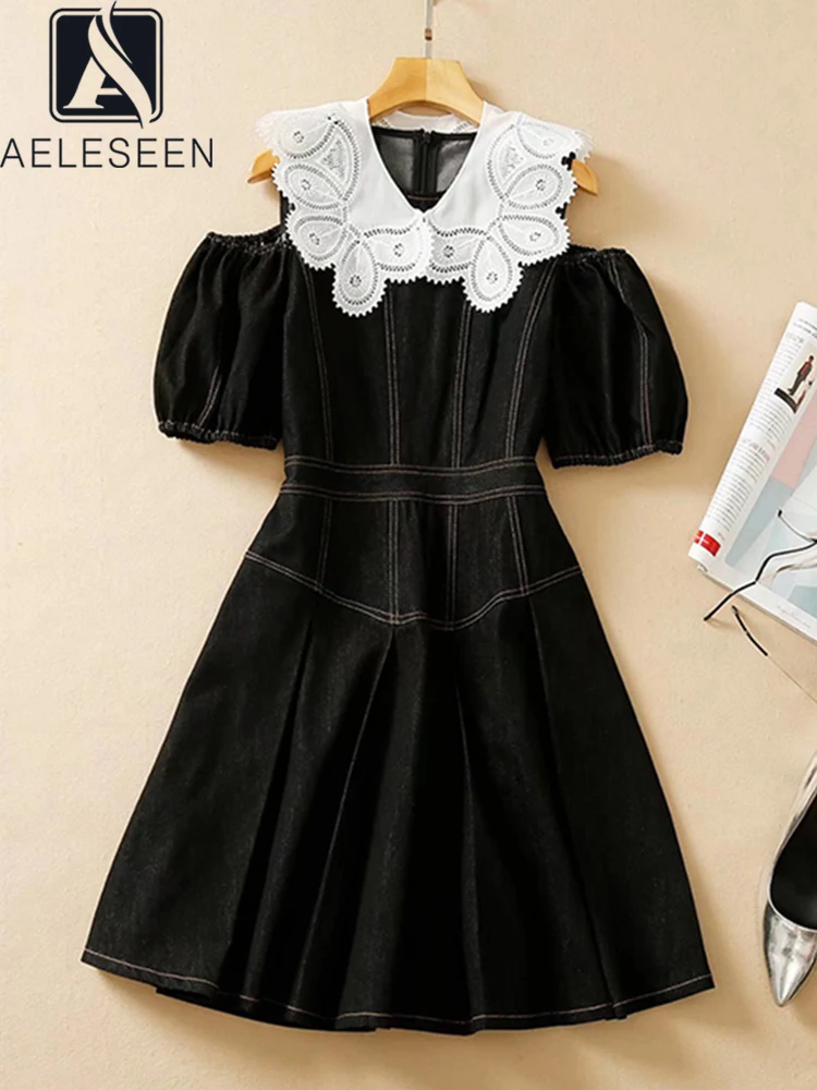 

AELESEEN Designer Fashion 2022 Summer Denim Dress Women Black Off The Shoulder High Quality With White Lace Shawl Party Vacation